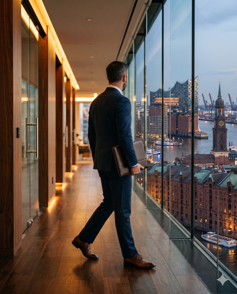 HANSEKREDIT Finanzberater im Büro mit Blick auf den Hamburger Hafen und die Elbphilharmonie – persönliche Beratung aus der Region