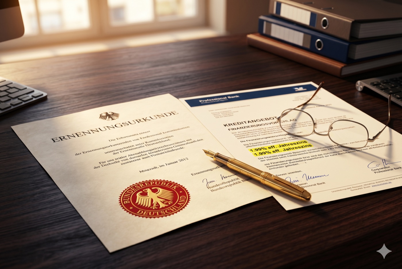 Ernennungsurkunde mit Bundesadler neben Kreditangebot mit günstigen Beamtenkonditionen – Sonderkonditionen für Beamte und öffentlichen Dienst