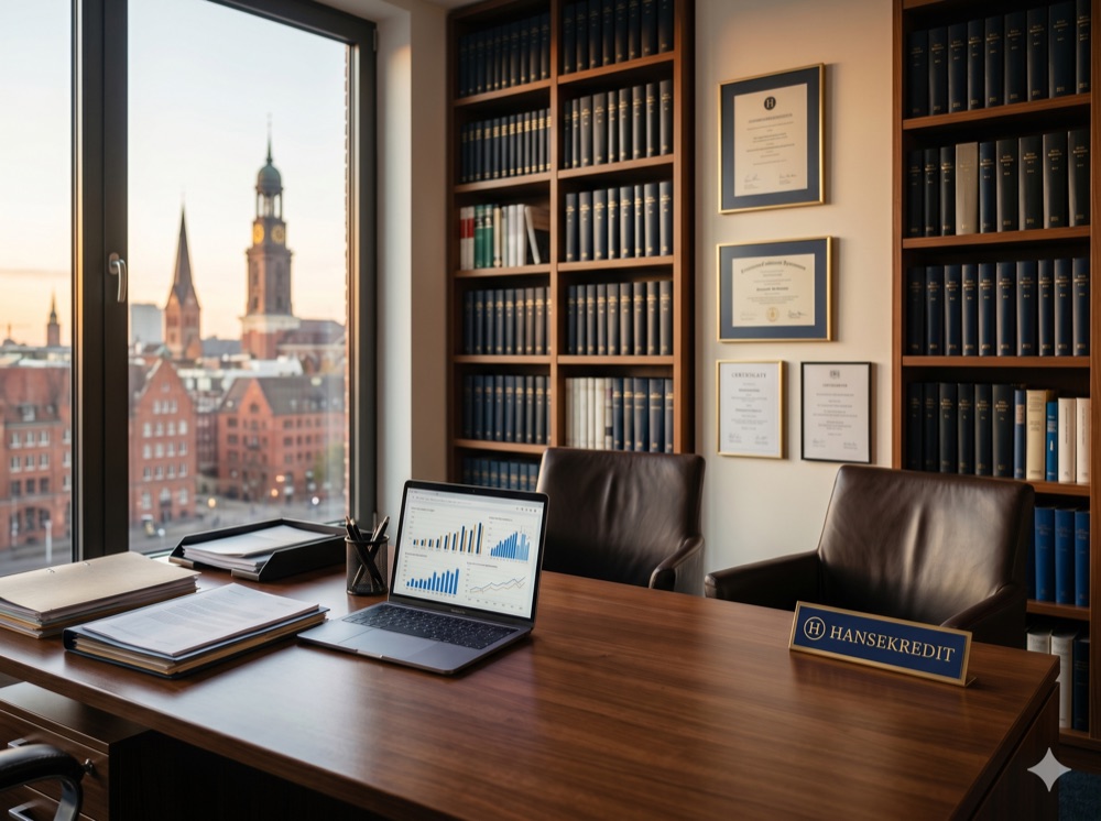 HANSEKREDIT Büro in Hamburg – Schreibtisch mit Finanzanalysen, Zertifikaten und Blick auf die Hamburger Altstadt mit Kirchturm