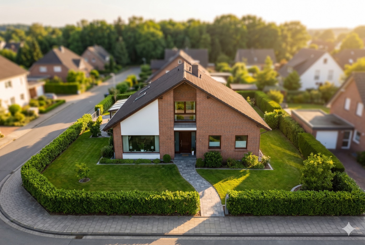 Modernes Einfamilienhaus mit Klinkerfassade und gepflegtem Garten in deutscher Wohnsiedlung – Immobilienfinanzierung mit HANSEKREDIT