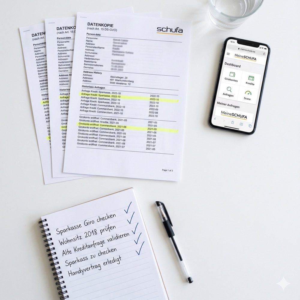 Schufa-Datenkopie nach Art. 15 DS-GVO mit markierten Einträgen, MeineSchufa-App auf Smartphone und Checkliste – Schufa-Selbstauskunft prüfen